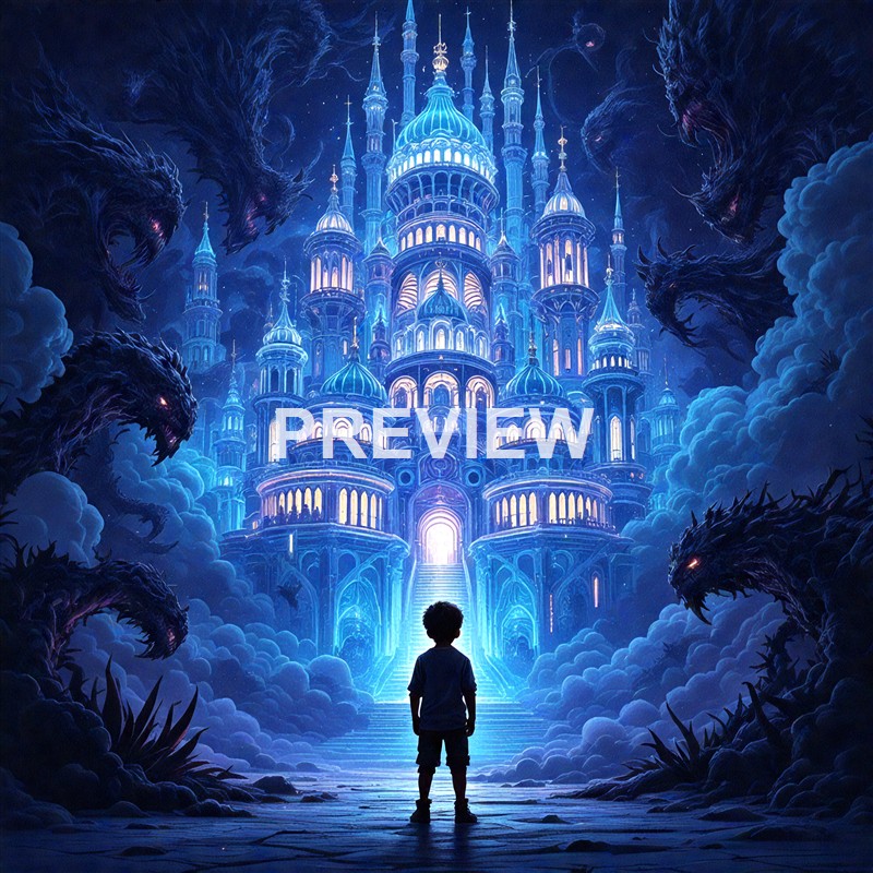 A young boy stands at the bottom of a glowing staircase leading up to an elaborate, luminous castle surrounded by dark, menacing dragon-like creatures in a fantastical night scene.